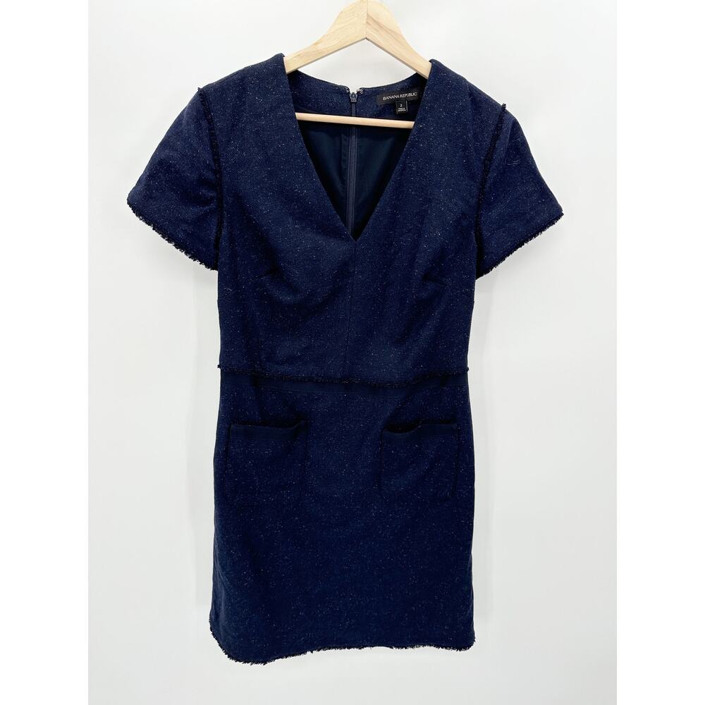 Banana Republic Dark Navy Blue Wool Blend V-Neck Sheath Dress Women's Size 2